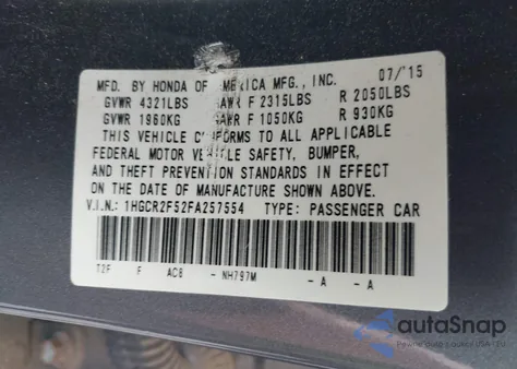 2015 Honda Accord Sport from USA, damaged, VIN 1HGCR2F52FA257554